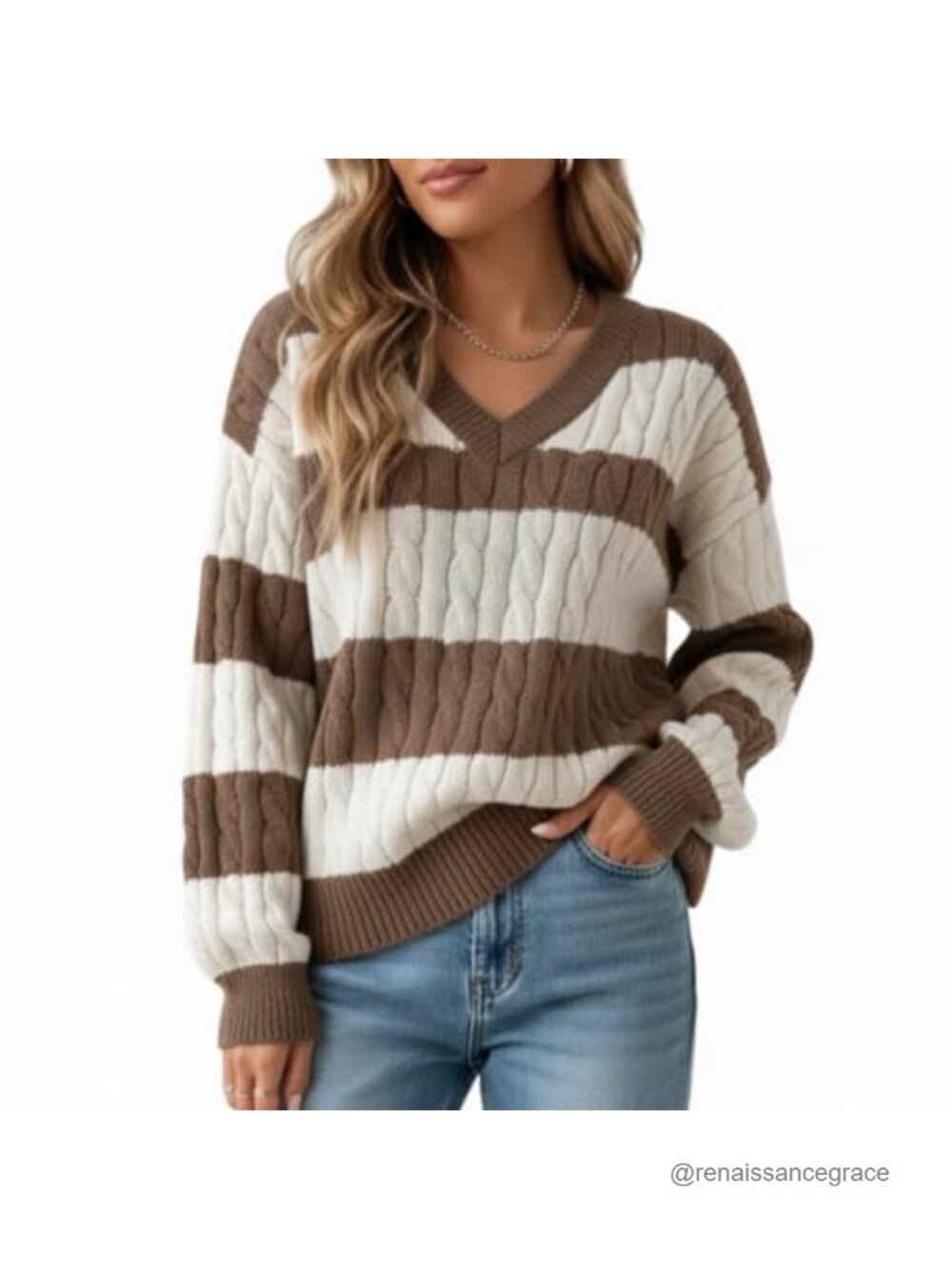 V Neck Cable Knit Sweater Women Oversized Long Sleeve Pullover